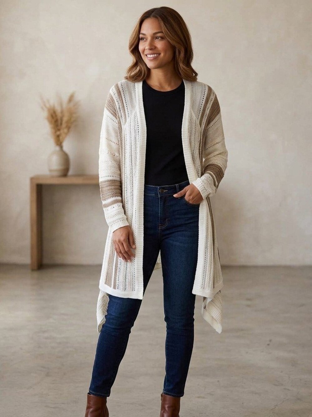 Torrid Size 2 (18/20) Brown & Cream Open Front Cardigan with Shark Bite Hem